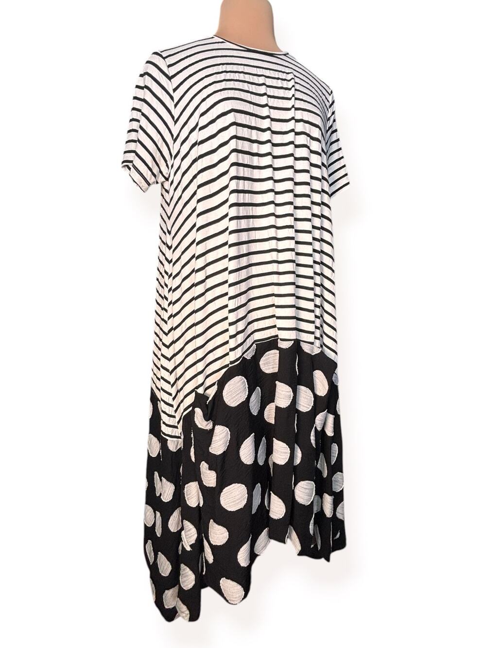 Kedem Sasson Black White Striped Polka Dot Midi Dress Oversized Lagenlook Artsy